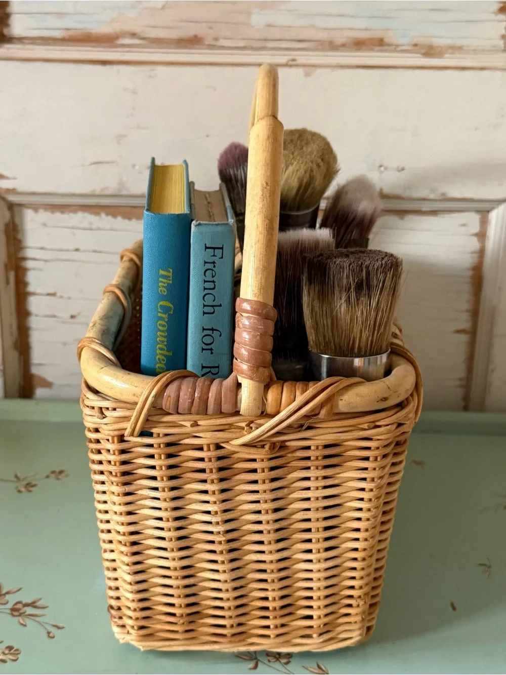 Vintage Wicker Cutlery Basket, Organizer, Rattan, Handmade